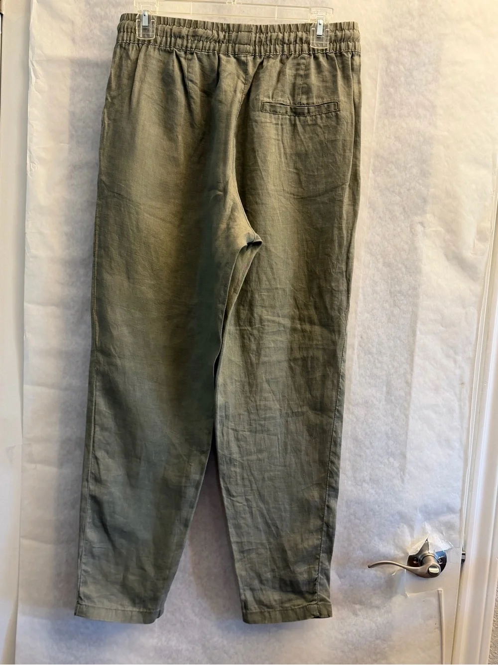 H&M khaki Green Drawstring 100% Linen Womens Pants Sz-6. FF13